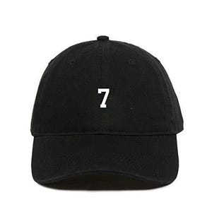 May include: A black baseball cap with a white number 7 embroidered on the front.