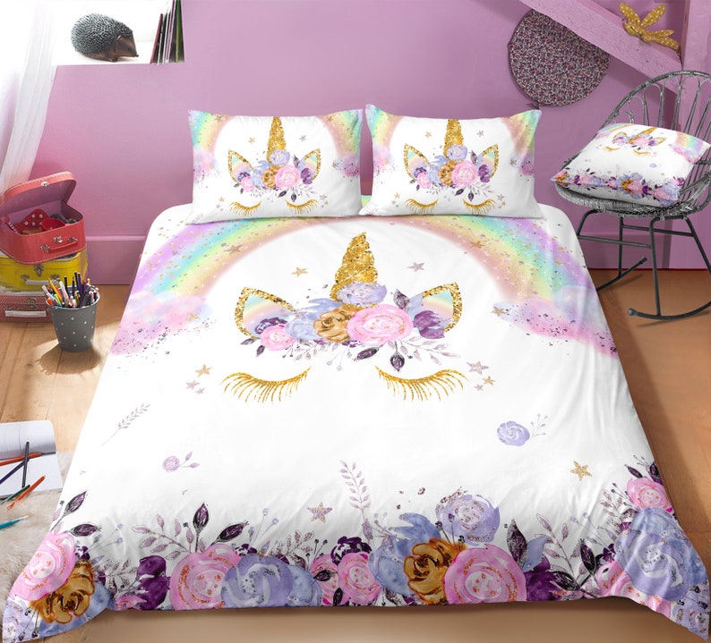 Download Rainbow and Flowers Unicorn Bedding Pink Unicorn Duvet ...