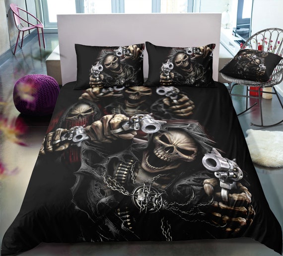 Skull Duvet Cover Black Skull Bedding Set Evil Guns Etsy