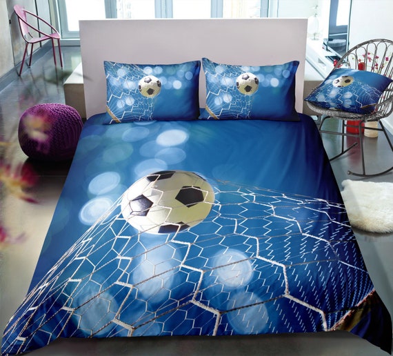 Soccer Blue Duvet Cover Set Soccer Theme Bedding Sports Bedroom Decor Boy Soccer Bed Decor Soccer Lover Gift