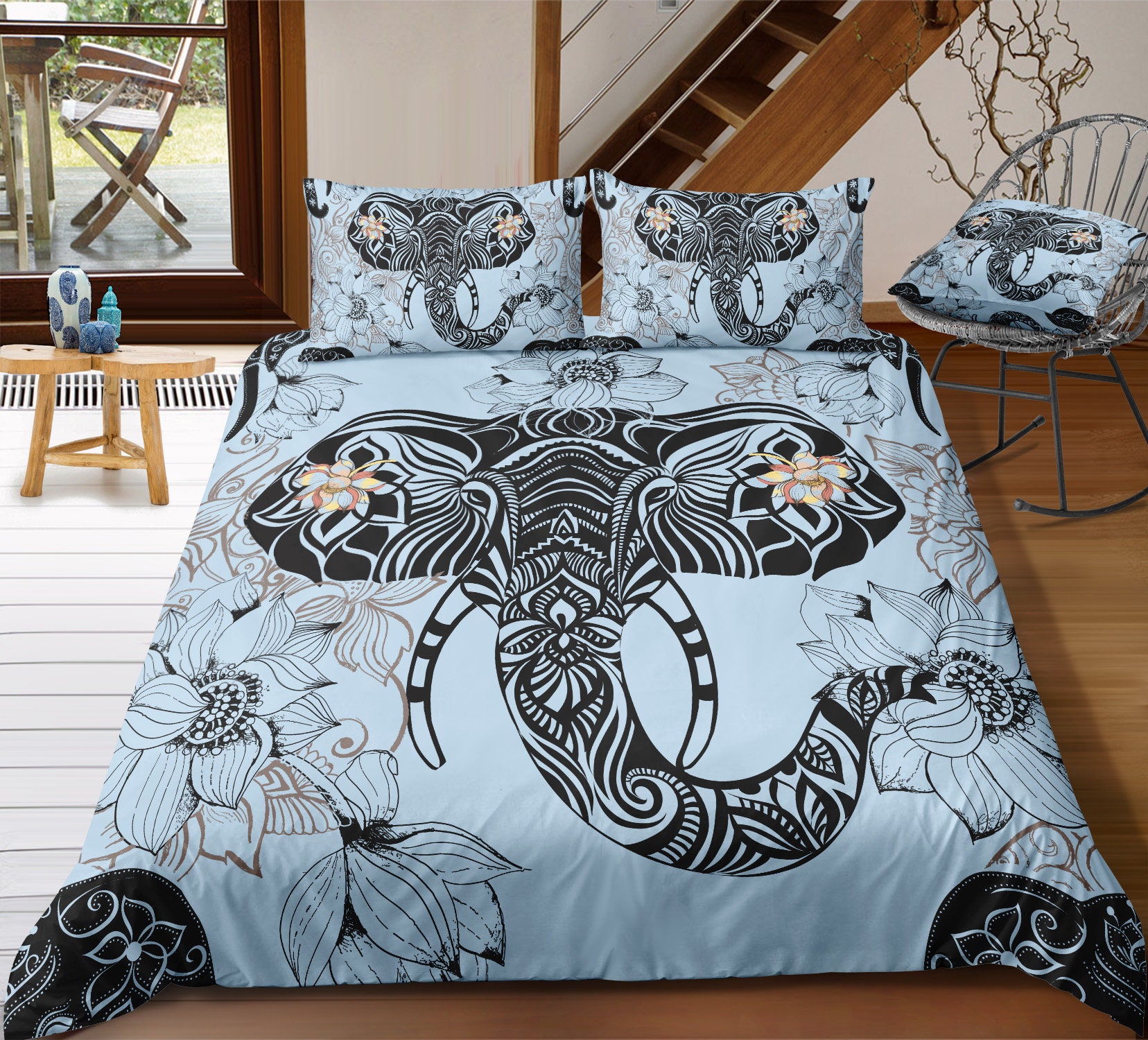 Elephant Bedding Ethnic Elephant Print Duvet Cover Set Blue Etsy