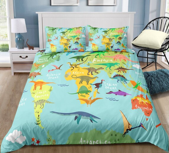 Dinosaur Duvet Cover World Map With Dinosaurs Bedding Boy Etsy