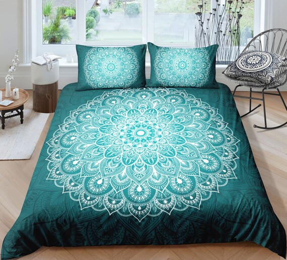 Mandala Duvet Cover Aqua Blue Mandala Print Bedding Bohemian Etsy