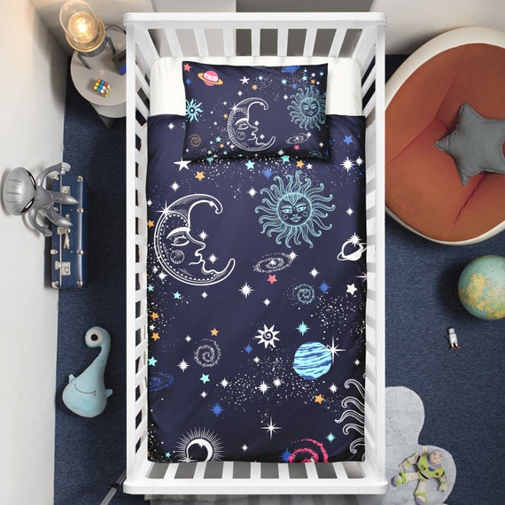Space Crib Duvet Cover Set Planets Moon Stars Bedding Etsy