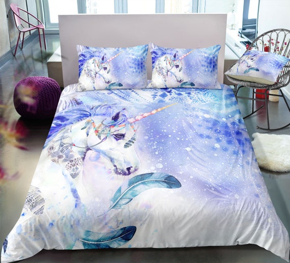 Blue Unicorn Duvet Cover Unicorn Feather Bedding Blue Girl Etsy