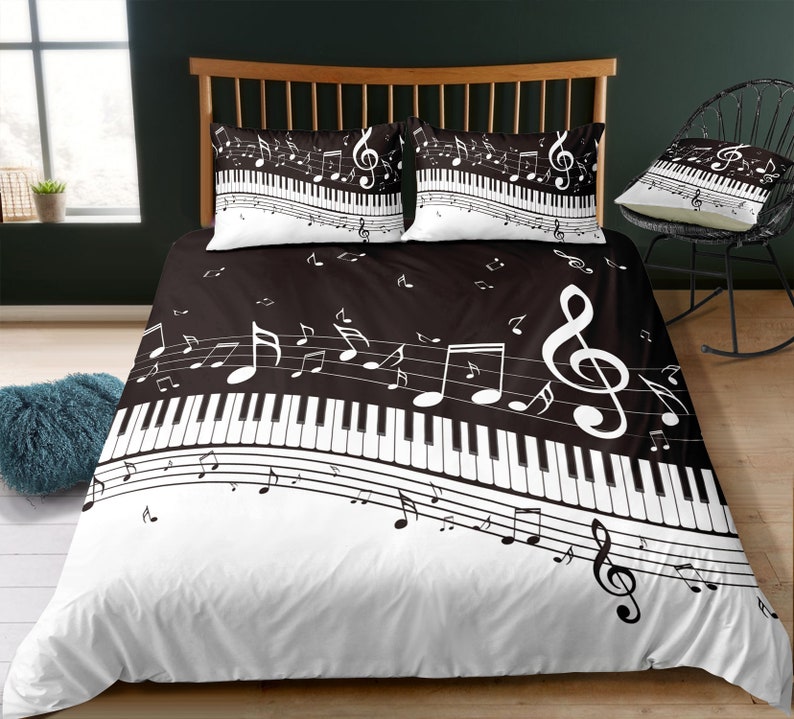 Music Notes Duvet Cover Set Piano Music Theme Bedding Black Etsy