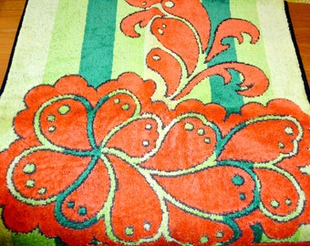 Belle serviette vintage orange/vert années 70 années 70 milieu du siècle rétro tissu éponge matériel de couture