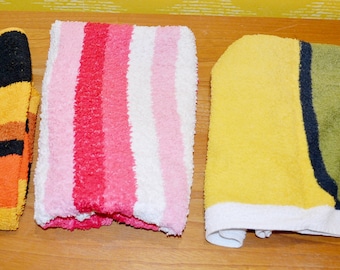 Set of three vintage terry cloth towels, Seventies 70s mix, colorful fabric for sewing, mid-century retro terry cloth fabric sewing material