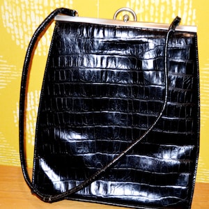 True Vintage Handbag Black Crocodile Look Second Hand Wear 70s Retro Mid Century Clothing Mid Century Vintage Bag