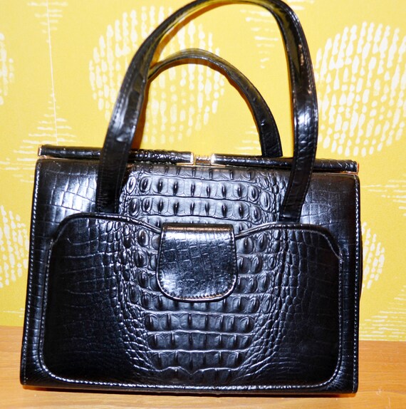 Vera borsa vintage in coccodrillo nero look anni 60 retro meta secolo usura di seconda mano abbigliamento vintage borsa Etsy Italia