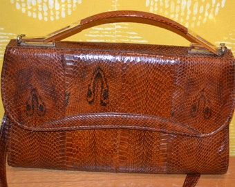 True Vintage Handbag Brown Crocodile Look 60s Retro Mid Century Secondhand Wear, Vintage Clothing, Bag