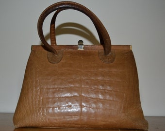 True Vintage  Leder Handtasche Hellbraun KrokoOptik  Vintage Clothing   Retro   Mid Century Granny Bag