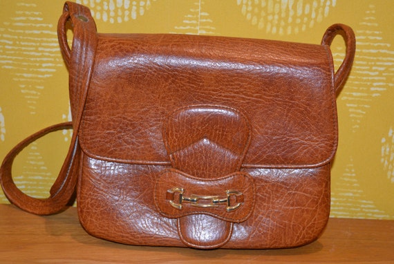 True Vintage Leather Handbag Orange brown 70s Retro Purse Mid
