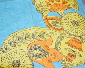 Beautiful vintage linen tea towel blue seventies 70s mid century retro terry cloth fabric sewing material