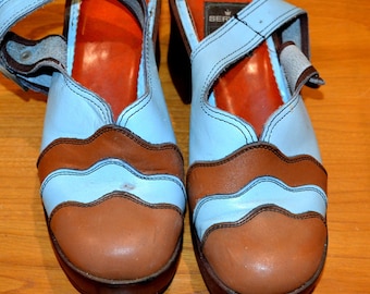 Wunderschöne original Vintage Plateau Schuhe ECHTLEDER Gr 38/39 Blau/Braun Shoes 70er Jahre Retro vintage Clothing Second Hand Wear