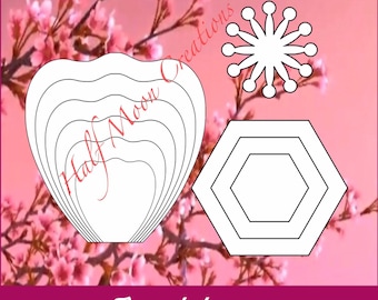 Puede incluir: Un conjunto de plantillas de artesanía en papel con una flor, una estrella y un hexágono. Las plantillas están superpuestas y se pueden usar para crear flores de papel en 3D.