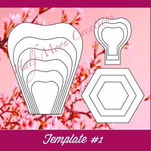 May include: A template for creating a paper flower. The template includes a flower with six petals and a heart-shaped centre. The template also includes a hexagonal shape with three layers.
