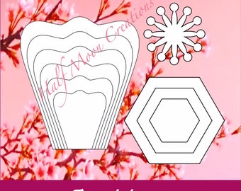 Puede incluir: Plantilla #6 para manualidades de papel, con cinco pétalos de flores superpuestos, un hexágono de seis lados y un diseño de estrella. Todas las formas son blancas sobre un fondo rosa.