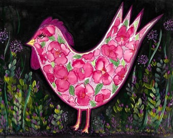 Opera originale a guazzo con motivo floreale e gallina, con passepartout, dimensioni 11x14 (equivalente a un dipinto 9x12).