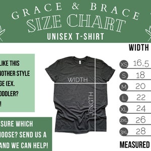 May include: Unisex t-shirt size chart with measurements in inches. The chart shows the width and length of the shirt in different sizes, from XS to 3XL.