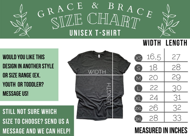 May include: Unisex t-shirt size chart with measurements in inches. The chart shows the width and length of the shirt in different sizes, from XS to 3XL.