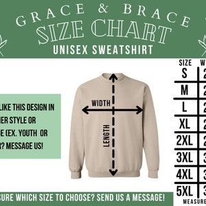 May include: Unisex sweatshirt size chart with measurements in inches. The chart shows the width and length of the sweatshirt in inches for sizes S through 5XL.