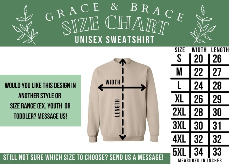 May include: Unisex sweatshirt size chart with measurements in inches. The chart shows the width and length of the sweatshirt in inches for sizes S through 5XL.