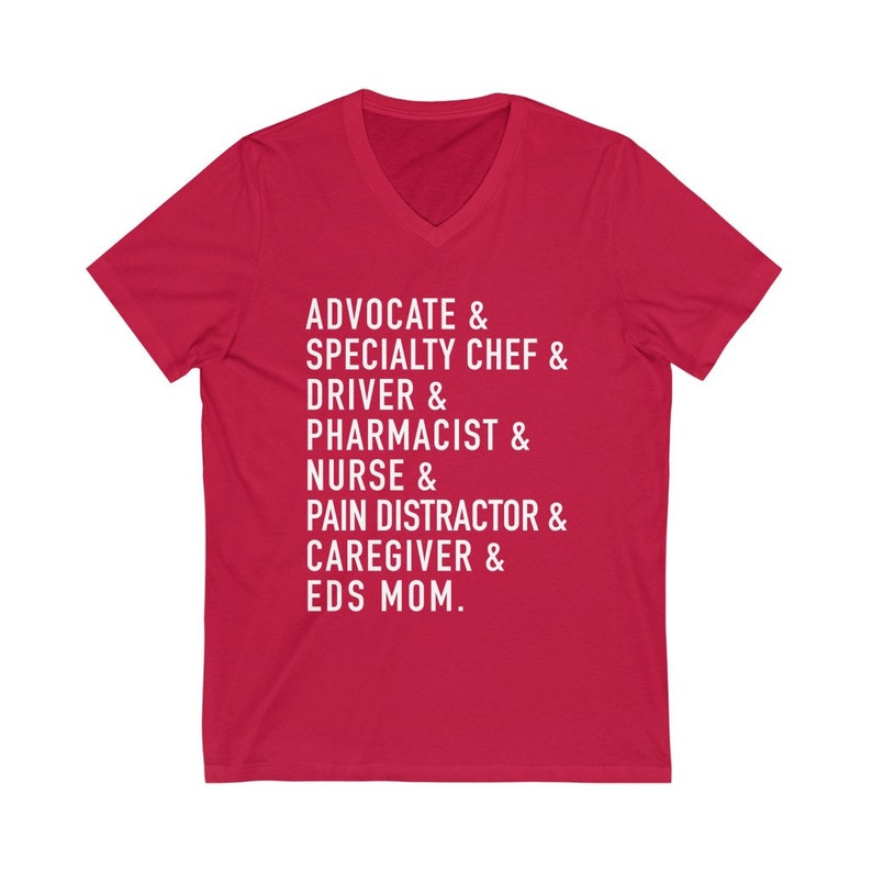 EDS Mom V-Neck Unisex Shirt | Ehlers-Danlos Syndrome Mom Shirt | Medical Mom | Chronic Illness Apparel | Grace & Brace Red