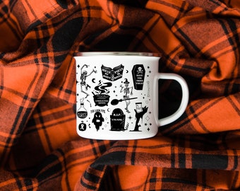 Spooky Spoonie Essentials 12 oz Enamel Camping Mug | Chronic Illness Mug | Spoonie Gift | Grace & Brace