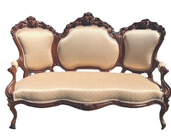 Antique Victoria Rococo Revival Rosewood Triple Chair Back Settee mid 1800's