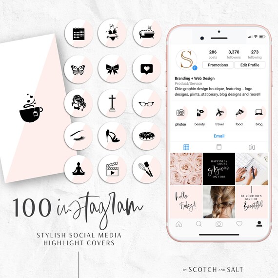 100 Instagram Story Highlights Icon Covers Pink Black White Etsy