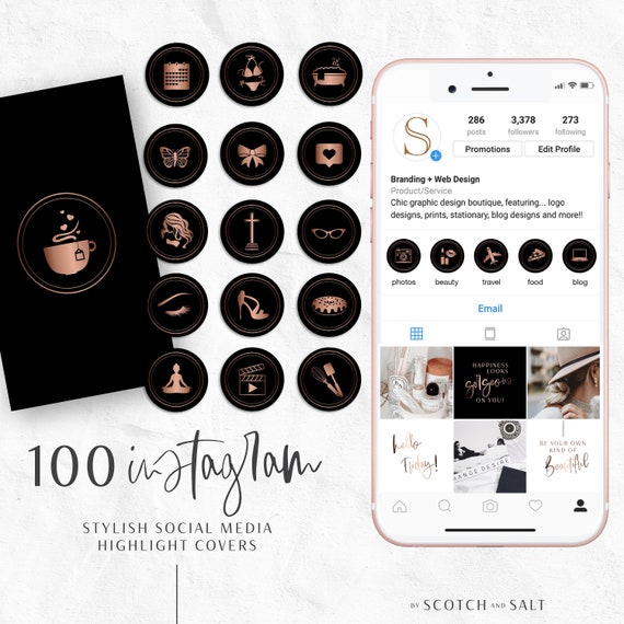 100 Instagram Story Highlights Icon Covers Black Rose Gold | Etsy