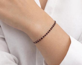 Women's double-strand bracelet in 925 sterling silver, garnet gemstone bracelet, minimalist bracelet, delicate chain bracelet, gift for her