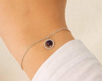 Women's 925 sterling silver bracelet, minimalist bracelet, delicate bracelet with amethyst stone, fine chain bracelet, gift for her