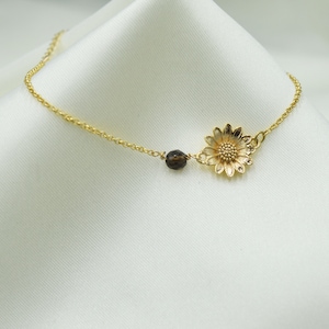 Delicada pulsera de mujer, fina cadena de amuleto de girasol y piedra de cuarzo ahumado, pulsera delicada, pulsera de latón dorado de oro fino