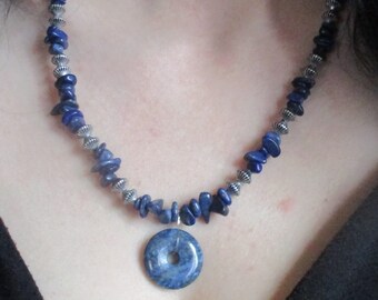 Occult Lapis Lazuli chip Necklace pendant, With hoop / donut