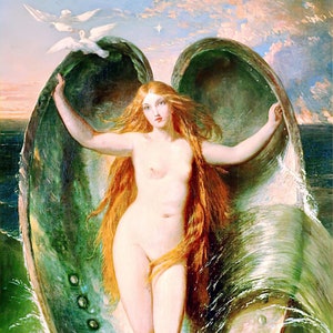 May include: A painting of a figure with long red hair standing inside a large, open, iridescent green and pearlescent seashell. The figure is positioned in shallow water with white foam, while two white birds fly above the shell against a sky.