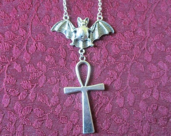 Boho Goth Bat & Kemetic Ankh Necklace Pendant