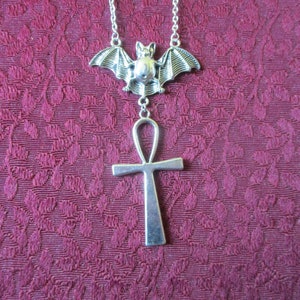 Boho Goth Bat & Kemetic Ankh Necklace Pendant