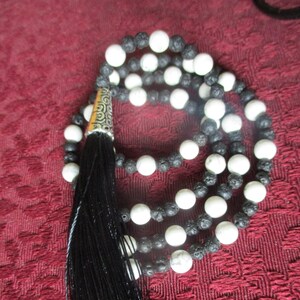White and Black Tassel Japa Mala 108 Beads Howlite & lava Rock Necklace,