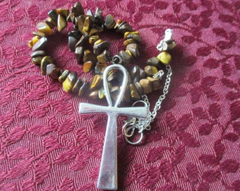 Kemetic Big Ankh Pendant, Tiger Eye Necklace