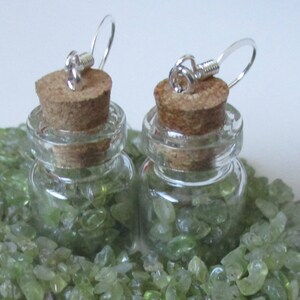 May include: A pair of silver earrings with small glass bottles filled with green stones. The bottles have cork tops.