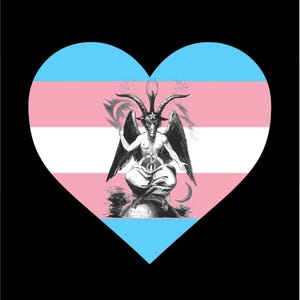 May include: A heart-shaped graphic featuring the horizontal light blue, pink, and white stripes of the transgender pride flag. Centered within the heart is a black and white illustration of Baphomet with the text Eliphas Levi Del.