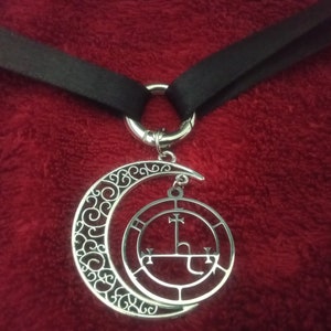 Satanic Sigil of Lilith & Crescent Moon Satin Choker with O Ring Pendant
