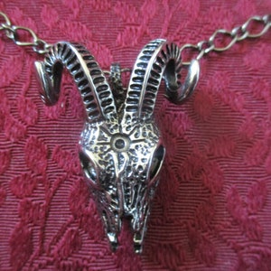 May include: A silver-toned pendant necklace featuring a detailed ram skull with horns. The pendant is attached to a silver chain.