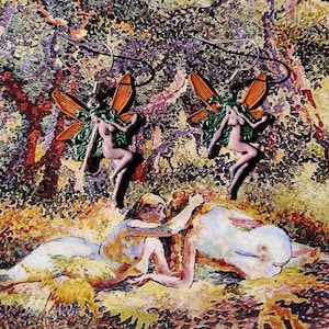 May include: A pair of fairy earrings with orange and green wings, and a nude body. The earrings are set against a colorful, impressionistic background featuring figures in a forest setting.