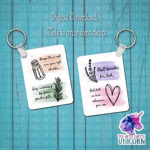 May include: Two printable keychains with watercolour backgrounds and black line drawings. The first keychain says "Always throw salt over your left shoulder." and "Keep rosemary by your garden gate." The second keychain says "Plant lavender for luck." and "And fall in love whenever you can."