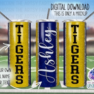 DIGITAL FILE: Blue and Yellow Glitter Sports / School Vertical Colors 20 oz Skinny Straight Tumbler Sublimation Design -