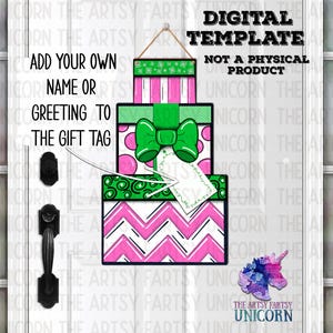 May include: A digital template featuring a stack of gift boxes in pink, green, and white. The top box has a green and white snowflake design, the middle box has a green bow, and the bottom box has a pink and white chevron pattern. Includes text: "Add your own name or greeting to the gift tag."