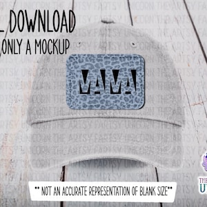 May include: A gray baseball cap with a blue and white leopard print patch that says "MAMA" in black letters.